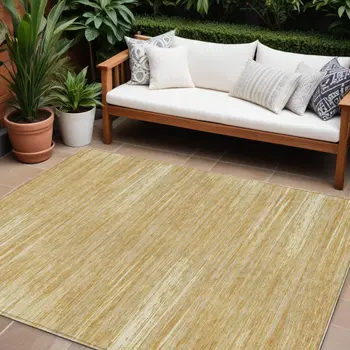 8' X 10' Gold Gray And Ivory Striped Washable Indoor Outdoor Area Rug