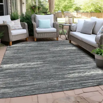 5' X 8' Gray And Ivory Striped Washable Indoor Outdoor Area Rug