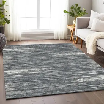 5' X 8' Gray And Ivory Striped Washable Indoor Outdoor Area Rug