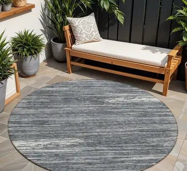 8' Gray And Ivory Round Striped Washable Indoor Outdoor Area Rug
