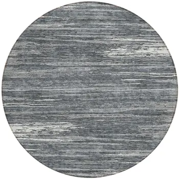 8' Gray And Ivory Round Striped Washable Indoor Outdoor Area Rug