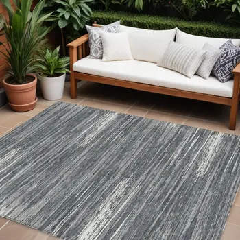 8' X 10' Gray And Ivory Striped Washable Indoor Outdoor Area Rug