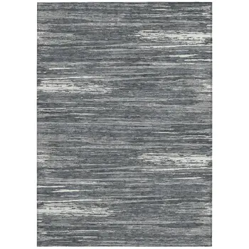 9' X 12' Gray And Ivory Striped Washable Indoor Outdoor Area Rug
