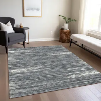 9' X 12' Gray And Ivory Striped Washable Indoor Outdoor Area Rug