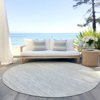 8' Ivory And Gray Round Striped Washable Indoor Outdoor Area Rug