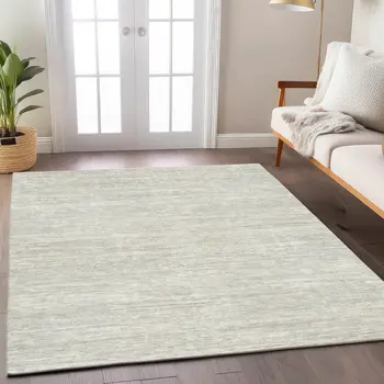 10' X 14' Ivory And Gray Striped Washable Indoor Outdoor Area Rug