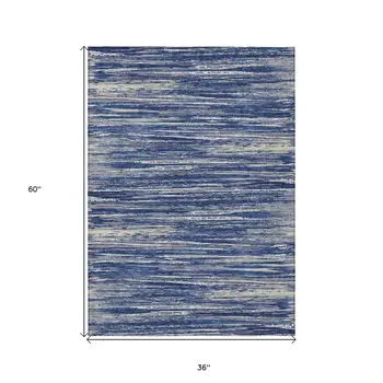 3' X 5' Navy Blue And Ivory Striped Washable Indoor Outdoor Area Rug