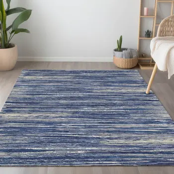 3' X 5' Navy Blue And Ivory Striped Washable Indoor Outdoor Area Rug