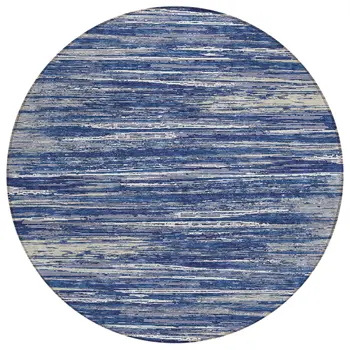 8' Navy Blue And Ivory Round Striped Washable Indoor Outdoor Area Rug