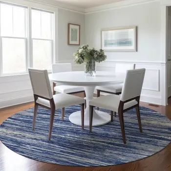 8' Navy Blue And Ivory Round Striped Washable Indoor Outdoor Area Rug