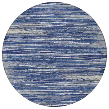 8' Navy Blue And Ivory Round Striped Washable Indoor Outdoor Area Rug