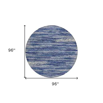 8' Navy Blue And Ivory Round Striped Washable Indoor Outdoor Area Rug