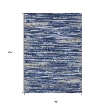 8' X 10' Navy Blue And Ivory Striped Washable Indoor Outdoor Area Rug