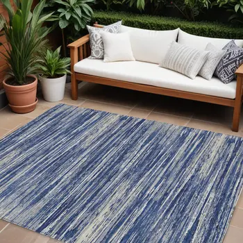 9' X 12' Navy Blue And Ivory Striped Washable Indoor Outdoor Area Rug