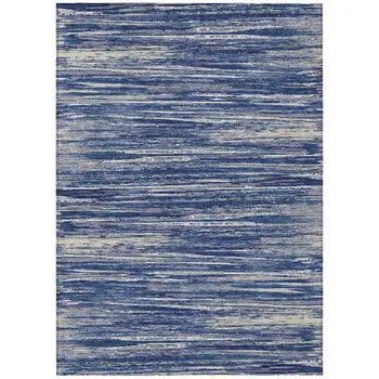 10' X 14' Navy Blue And Ivory Striped Washable Indoor Outdoor Area Rug
