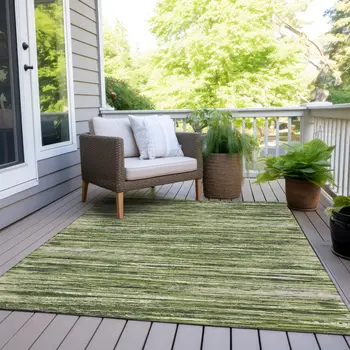 5' X 8' Olive Green And Ivory Striped Washable Indoor Outdoor Area Rug