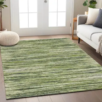 5' X 8' Olive Green And Ivory Striped Washable Indoor Outdoor Area Rug