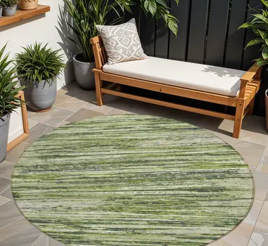 8' Olive Green And Ivory Round Striped Washable Indoor Outdoor Area Rug