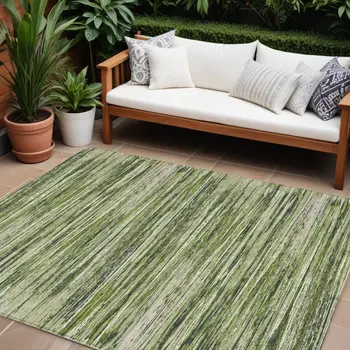 10' X 14' Olive Green And Ivory Striped Washable Indoor Outdoor Area Rug