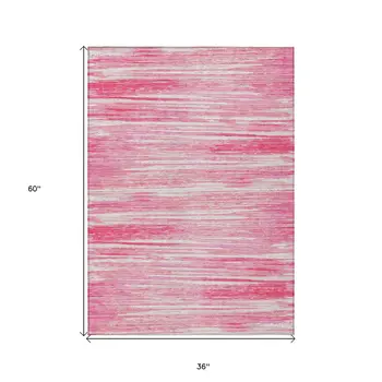 3' X 5' Pink And Ivory Striped Washable Indoor Outdoor Area Rug