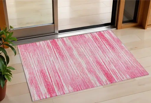 3' X 5' Pink And Ivory Striped Washable Indoor Outdoor Area Rug