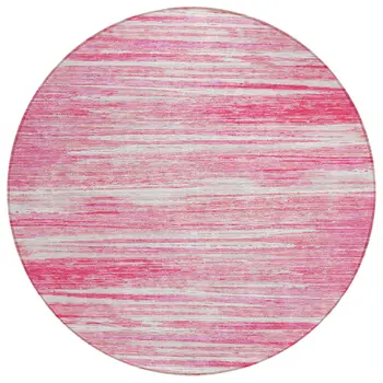 8' Pink And Ivory Round Striped Washable Indoor Outdoor Area Rug