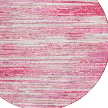8' Pink And Ivory Round Striped Washable Indoor Outdoor Area Rug
