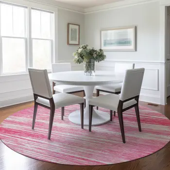 8' Pink And Ivory Round Striped Washable Indoor Outdoor Area Rug