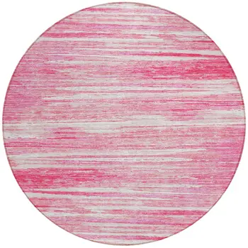 8' Pink And Ivory Round Striped Washable Indoor Outdoor Area Rug