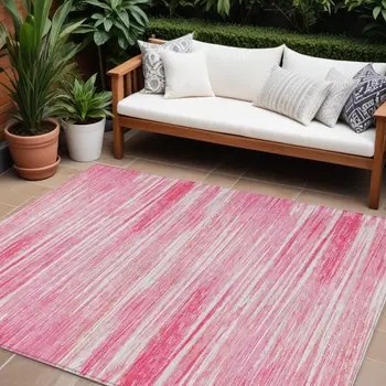 8' X 10' Pink And Ivory Striped Washable Indoor Outdoor Area Rug