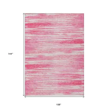 9' X 12' Pink And Ivory Striped Washable Indoor Outdoor Area Rug