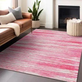 9' X 12' Pink And Ivory Striped Washable Indoor Outdoor Area Rug