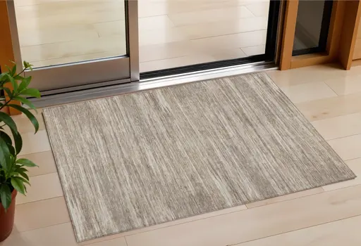 3' X 5' Taupe Gray And Ivory Striped Washable Indoor Outdoor Area Rug