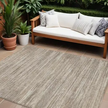9' X 12' Taupe Gray And Ivory Striped Washable Indoor Outdoor Area Rug