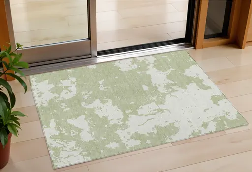 3' X 5' Artichoke Green And Ivory Abstract Washable Indoor Outdoor Area Rug