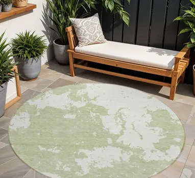 8' Artichoke Green And Ivory Round Abstract Washable Indoor Outdoor Area Rug