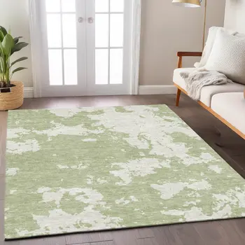 8' X 10' Artichoke Green And Ivory Abstract Washable Indoor Outdoor Area Rug