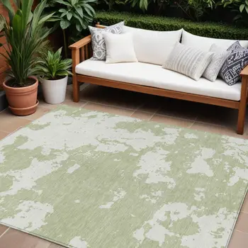 9' X 12' Artichoke Green And Ivory Abstract Washable Indoor Outdoor Area Rug