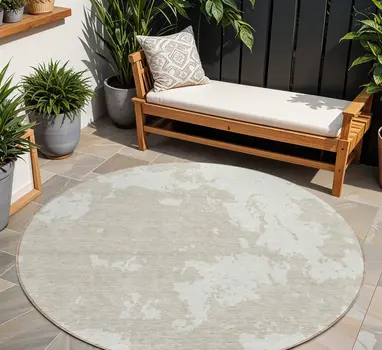 8' Beige And Ivory Round Abstract Washable Indoor Outdoor Area Rug