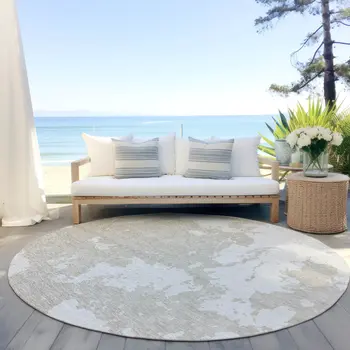 8' Beige And Ivory Round Abstract Washable Indoor Outdoor Area Rug