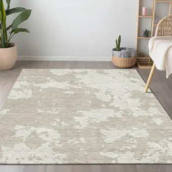 8' X 10' Beige And Ivory Abstract Washable Indoor Outdoor Area Rug