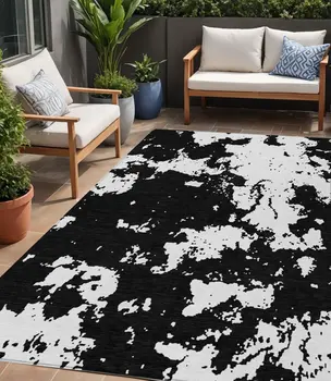 5' X 8' Black And Ivory Abstract Washable Indoor Outdoor Area Rug