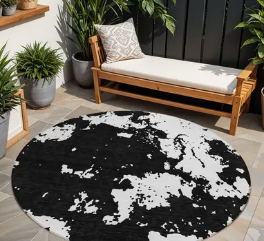 8' Black And Ivory Round Abstract Washable Indoor Outdoor Area Rug