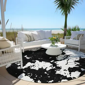 8' Black And Ivory Round Abstract Washable Indoor Outdoor Area Rug