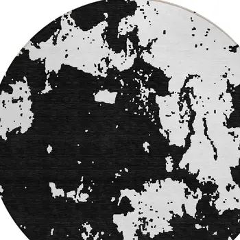 8' Black And Ivory Round Abstract Washable Indoor Outdoor Area Rug