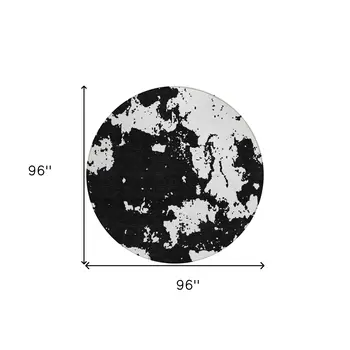 8' Black And Ivory Round Abstract Washable Indoor Outdoor Area Rug