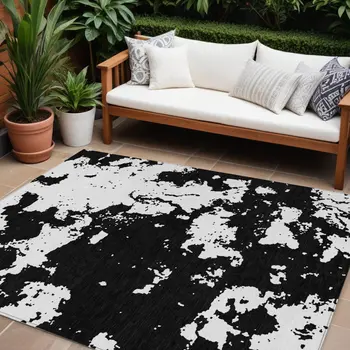 9' X 12' Black And Ivory Abstract Washable Indoor Outdoor Area Rug