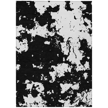 9' X 12' Black And Ivory Abstract Washable Indoor Outdoor Area Rug