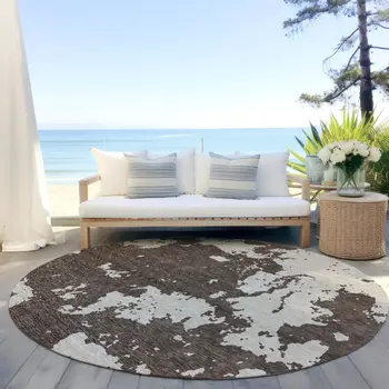 8' Brown And Beige Round Abstract Washable Indoor Outdoor Area Rug