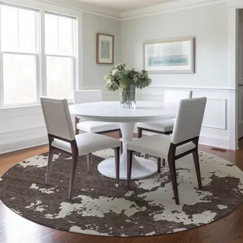 8' Brown And Beige Round Abstract Washable Indoor Outdoor Area Rug